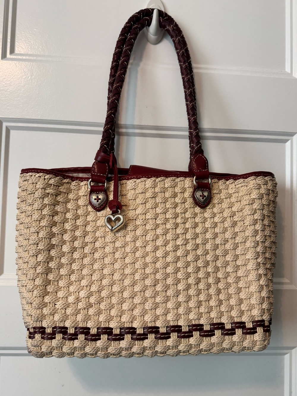 Brighton Woven Straw Tote Bag Burgundy Leather Heart Charms